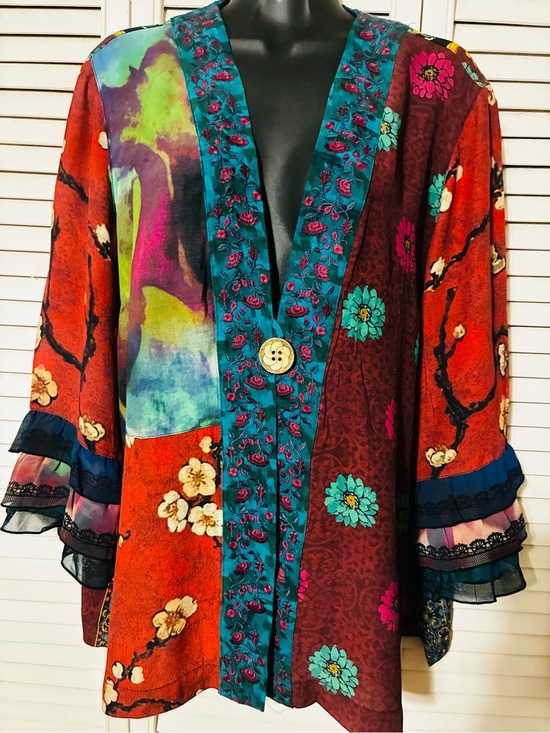 John Mark Tops - John Mark Multicolor Floral Patchwork Tunic - Teal, Red, Turquoise